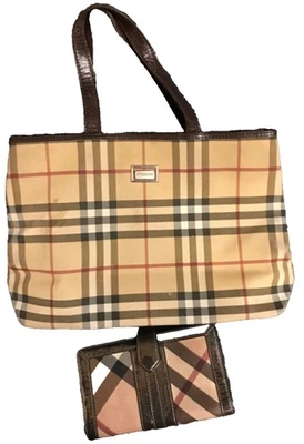 Vintage BURBERRY Nova Check Tote Bag PVC Leather Beige Plaid Handbag, w Wallet - Image 1 of 4