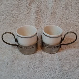 Vintage Ceramic Espresso Cup x 2 With Metal Holders - Some Tarnish & Marks - Picture 1 of 24
