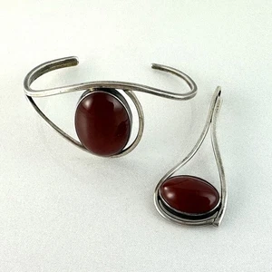 VTG 925 Sterling Silver Carnelian Gem Cuff Bracelet & Matching Pendant - Picture 1 of 18