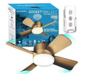 Socket Fan 15.7 in. Indoor Bronze Socket Warm Light Ceiling Fan +Remote Control - Picture 1 of 10