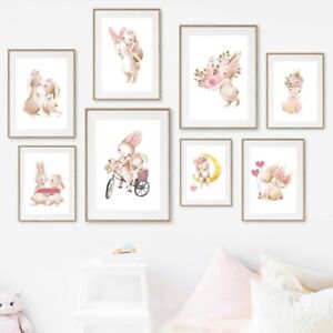 Bunny Rabbit Flower Animal Nursery Nordic Wall Art Canvas Painting Posters 