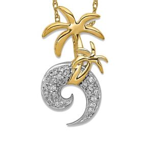 14K Two Tone Gold Diamond Double Palm Tree Wave Floating Open Chain Slide ...