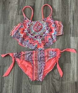 Justice Girls Swimsuit 14 Peach Flounce Spaghetti 2 Piece Aztec Print Sequins - Picture 1 of 7