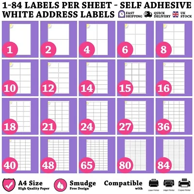 A4 Address Labels Sticker Self Adhesive White Paper Sheets Laser Printer Inkjet