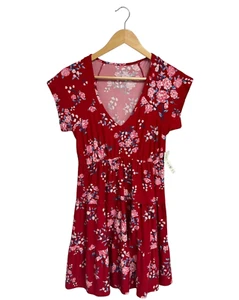 Red Floral Print Tiered Dress NOBO Boundaries Junior V neck Size M (7-9) - Picture 1 of 9