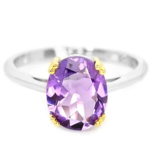 ARGENTO 925 AMETISTA VIOLA NATURALE OVALE 10X8 MM.  ANELLO BICOLORE MISURA 8,25 - Foto 1 di 8