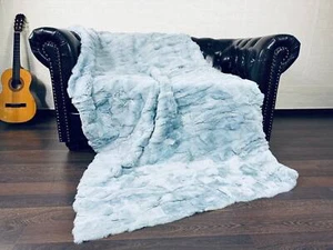 Luxurious Rex Rabbit Fur Blanket Throw Light Blue • Handmade Fur Sofa Cover - Picture 1 of 9