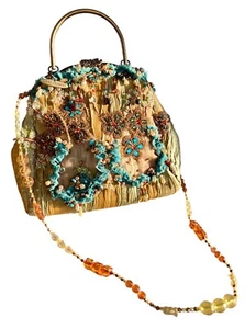 Vintage MARY FRANCES Silk Beaded Gold Teal Blue Crossbody Retired RARE Style - Picture 1 of 12