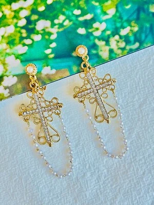 Pendientes barrocos de perlas cruzadas cristales góticos retro con clip de gota oro mujeres ella Foto 1 de 4