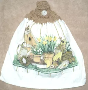 1 Crochet Top Hanging Kitchen Towel Birds Birdhouses Book Nest, Single warm brow - Picture 1 of 1