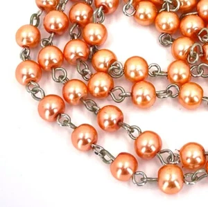 40" (3.3 feet) 6mm Light Coral / Orange Glass Pearl Beads Platinum Link Chain - Picture 1 of 4
