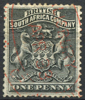 Rhodesia South Africa Company 1892 1d negro SG 1 VF usado rojo cancelar Foto 1 de 2