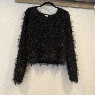 Vintage Yarnworks Sweater Womens M Black Eyelash Fuzzy Metallic Shaggy Pullover - Image 1 of 4