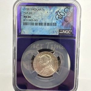1939 VATICAN SILVER 5 LIRE POPE PIUS XII NGC MS 66 Trader Bea Purple Core - Picture 1 of 4
