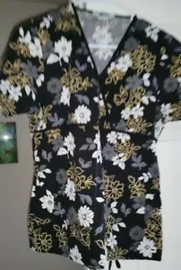 Scrub Elements Womens Scrub Shirt Size S Small Black White Gold Floral - Picture 1 of 3
