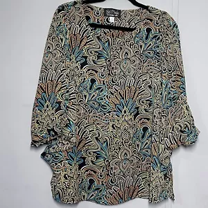 Bob Mackie Batwing Art to Wear mehrfarbiger abstrakter Druck durchsichtig gefütterte Bluse - M - Bild 1 von 8