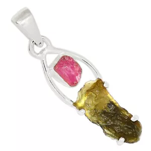 Colgante de plata 925 checo natural genuino moldavita y turmalina rosa ALLP-24250 - Imagen 1 de 1
