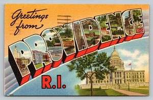 Postkarte RI großer Brief Grüße von Providence Rhode Island Vintage Leinen - Bild 1 von 2