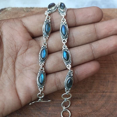 Natural Labradorite Marquise 925 Sterling Silver Handmade Women Bracelet #150 - Image 1 of 3