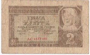 1941 Poland 2 Zlote Circulated Paper Money Banknotes - Picture 1 of 2