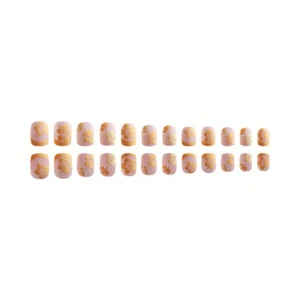 Short Square Press-On False Nail Yellow Flowers Matte French Manicure 24pcs - Picture 1 of 6