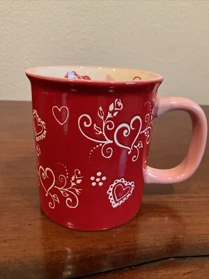 Temptations by Tara Old World Floral Lace Heart Mug Red Coffee Tea Ceramic 14 oz - Image 1 of 4