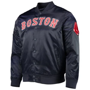 MLB Boston Red Sox Navy Blue Satin Baseball Jacket Varsity Jacket - Picture 1 of 6