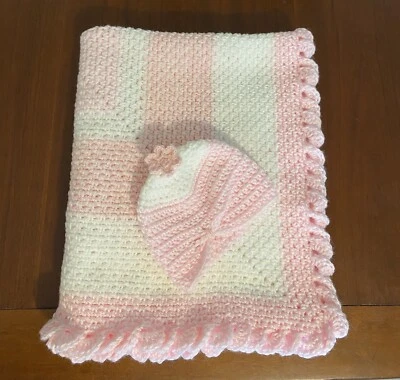 Handmade Crochet Baby Blanket 30”x36” & Beanie Hat Set Newborn Infant 0-3 months - Image 1 of 4