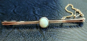 ANTIQUE EDWARDIAN 9CT GOLD OPAL CABOCHON BAR BROOCH PIN SAFETY CHAIN - Picture 1 of 12