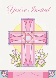 Rosa Invitaciones Cruz Invita Rosa Religioso Devocional Bautizo 8ct - Imagen 1 de 2