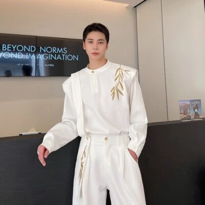 Camisa Traje Retro Bordada Bambú Para Hombre Pantalones de Pierna Ancha Chino Conjuntos de Dos Piezas Foto 1 de 4