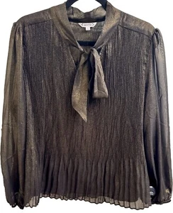 Nanette Lepore Damen Gr. XL Plissee Bluse Schwarz&Gold Schimmer Krawatte & Gefüttert - Bild 1 von 12