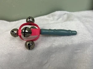 Vintage Jingle Bell Rattle Toy Wood Handle Metal Bells Pink Plastic Ring MCM - Picture 1 of 7