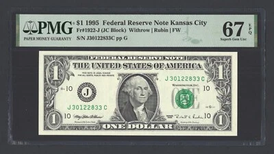 United States-Federal Reserve 1 Dollar 1995 Fr#1922-J (JC Block) UNC Grade 67 - Image 1 of 2