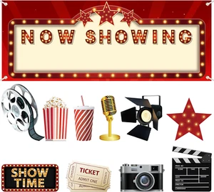 12 Pieces Movie Night Party Decorations Now Showing Banner Red Carpet Backdrop D - Picture 1 of 12