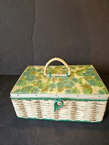 Vintage MCM Japanese Sewing Box Wicker Woven Basket Wood Base Floral Pattern - Picture 1 of 7