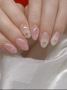Press On Nails - 24pcs Oval Shape Glitter Pink Flower Stick On False Nails - Picture 1 of 6