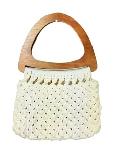 Vintage 70er Makramee Holz Griffe geflochten gehäkelt Boho Hippie Clutch Handtasche - Bild 1 von 4