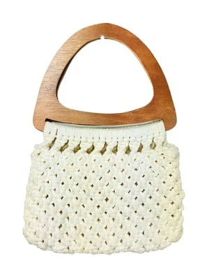 Vintage 70s Macrame Wood Handles Woven Crochet Boho Hippie Clutch Handbag Foto 1 de 4