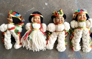 4 Vintage Yarn Dolls Native American Southwestern Indian Folk Plastic Face - Picture 1 of 5