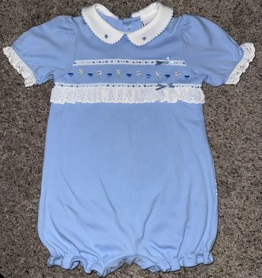 Ropa de bebé niña vintage Okie Dokie 24 meses azul flor mameluco conjunto Foto 1 de 4