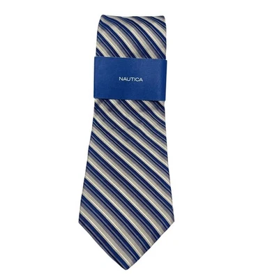 Corbata versátil de seda texturizada a rayas azul marino marfil y dorado Nautica para hombre nueva con etiquetas Foto 1 de 4