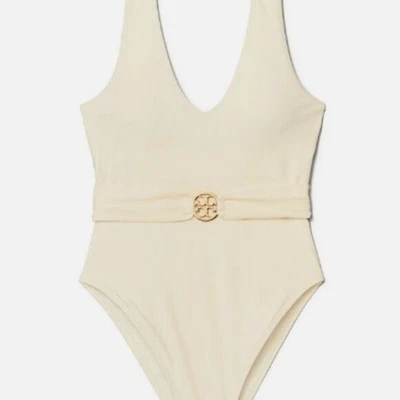 Traje de baño Tory Burch Miller Plunge de una pieza marfil crema para mujer talla pequeña Foto 1 de 4