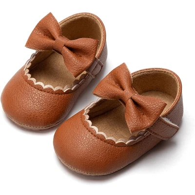 Infant Baby Girl 0-6 Months Brown Mary Jane Flats Non Slip Soft Sole Shoes Bow - Image 1 of 4