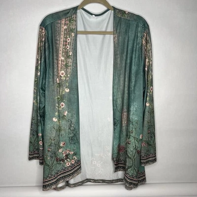 Ethnic Floral Print Open Front Casual Long Sleeve Cardigan XXL Green - Image 1 of 4