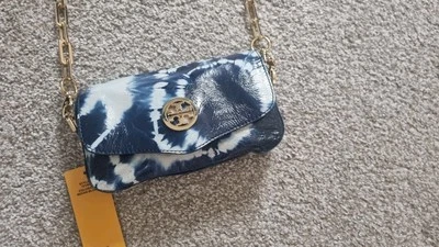 BNWT Tory Burch Tie Dye Small Bag Handbag Patent Leather Blue Gold Crossbody  - image 1 of 4