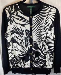 Lauren Ralph Lauren Cardigan Maglione Nero Floreale Seta Cashmere Oro Bottoni L - Foto 1 di 14
