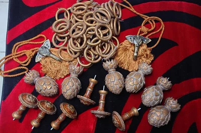 2 elephant curtain tiebacks, 12 curtain rod tips, rings set - Image 1 of 4