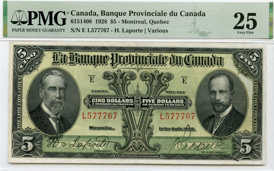 BILLETE DE 5 DÓLARES BANQUE PROVINCIALE DU CANADA 1928 EN ESTADO BASTANTE BUENO-35 PMG BONITO Foto 1 de 1