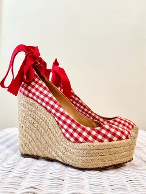 Sandálias anabela Christian Louboutin xadrez branco/vermelho lona espadrille tamanho 39 EUA 8,5 - Imagem 1 de 4